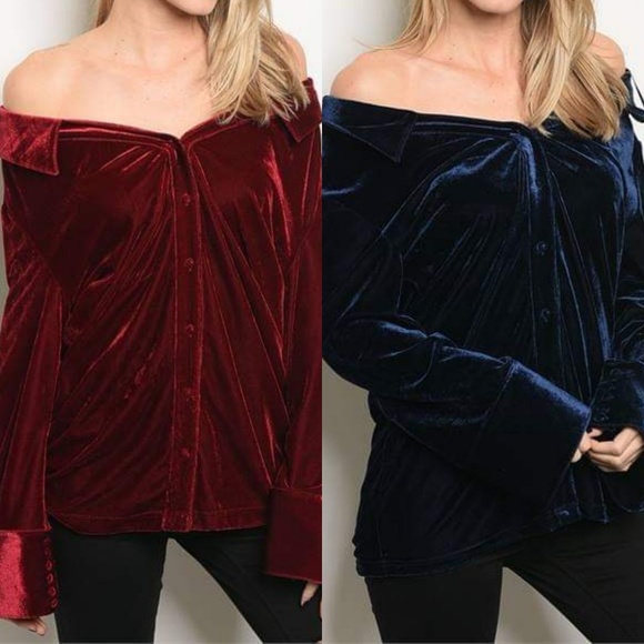REGALIA OFF THE SHOULDER VELVET TOP (NAVY) - Picture 4 of 4